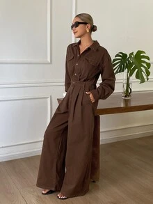 DAZY Overall dan Jumpsuit Denim Kasual Urban Wanita yang Mengencangkan Pinggang untuk Musim Gugur - Coklat - View 6