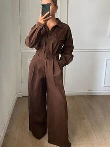 DAZY Overall dan Jumpsuit Denim Kasual Urban Wanita yang Mengencangkan Pinggang untuk Musim Gugur - Coklat - View 1