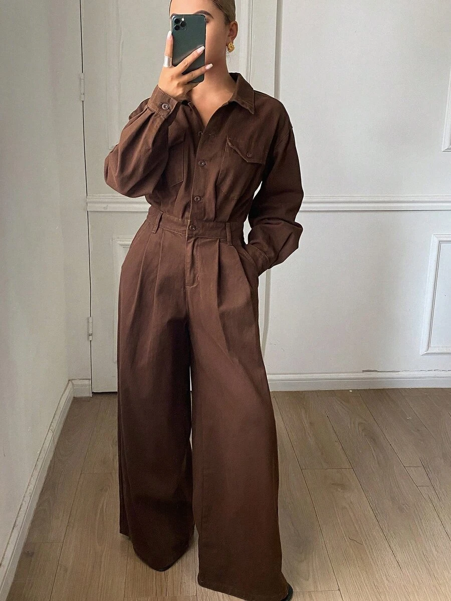 DAZY Overall dan Jumpsuit Denim Kasual Urban Wanita yang Mengencangkan Pinggang untuk Musim Gugur - Coklat - View 1