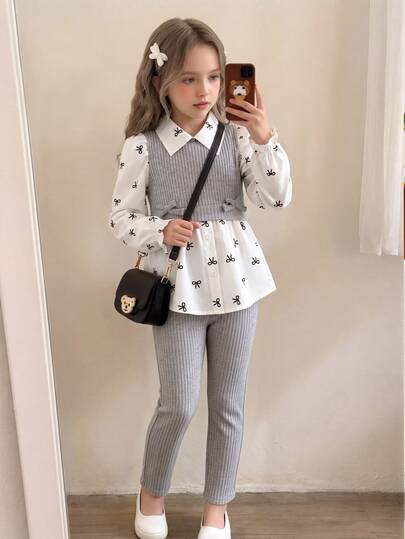 SHEIN طقم 2 قطعة للبنات الصغيرات بأسلوب بريبي، توب 2 في 1 بطبعة فيونكة وأكمام منفوخة وتصميم باتشوورك من قماش ناعم وموبر ومضلع، مع بنطلون مطاطي بخصر مرن، ملابس كاجوال عصرية للخريف، مناسب للمدرسة والخارج والرياضة وحفلات الأخوات