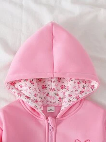 1件少女純色粉色極簡風連帽夾克，帶蝴蝶結裝飾，帽內花卉內裡，適合秋冬，適用於學校、戶外活動、家庭聚會，保暖舒適 - 粉色 - 查看 1