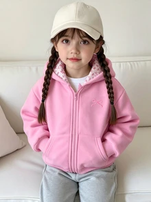 1件少女純色粉色極簡風連帽夾克，帶蝴蝶結裝飾，帽內花卉內裡，適合秋冬，適用於學校、戶外活動、家庭聚會，保暖舒適 - 粉色 - 查看 6