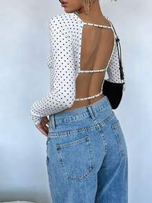 INAWLY Women's Polka Dot Sexy Backless T-Shirt - White - View 3