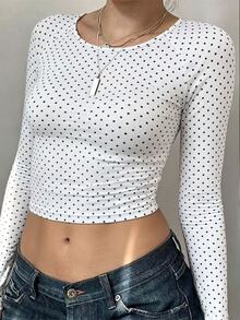 INAWLY Women's Polka Dot Sexy Backless T-Shirt - White - View 2