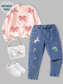 SHEIN Playful Pals 女童牛仔裤，可爱休闲秋季新款，水洗牛仔蓝彩虹刺绣锥形裤，百搭日常穿搭及校园休闲装，女童牛仔长裤 - 中等水洗藍 - 查看 10