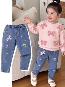 SHEIN Playful Pals 女童牛仔裤，可爱休闲秋季新款，水洗牛仔蓝彩虹刺绣锥形裤，百搭日常穿搭及校园休闲装，女童牛仔长裤 - 中等水洗藍 - 查看 2