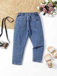 SHEIN Playful Pals 女童牛仔裤，可爱休闲秋季新款，水洗牛仔蓝彩虹刺绣锥形裤，百搭日常穿搭及校园休闲装，女童牛仔长裤 - 中等水洗藍 - 查看 3