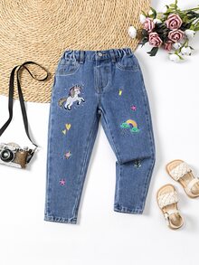 SHEIN Playful Pals 女童牛仔裤，可爱休闲秋季新款，水洗牛仔蓝彩虹刺绣锥形裤，百搭日常穿搭及校园休闲装，女童牛仔长裤 - 中等水洗藍 - 查看 4