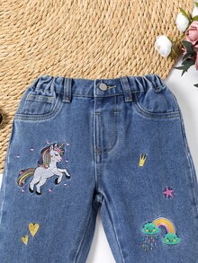 SHEIN Playful Pals 女童牛仔裤，可爱休闲秋季新款，水洗牛仔蓝彩虹刺绣锥形裤，百搭日常穿搭及校园休闲装，女童牛仔长裤 - 中等水洗藍 - 查看 6