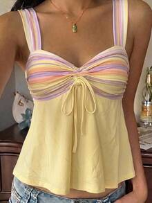 CovetEZ 休閒極簡度假波西米亞優雅復古淺黃色條紋印花圖案，適合女性通勤、音樂節、海灘、度假穿搭，夏季。白色休閒女款抽繩吊帶背心，外套，度假，可愛夏季上衣 - 彩色 - 查看 1