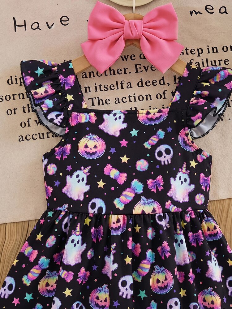 SHEIN Kids Young Girl Party Holiday Cool Cute Elegant Sweet Gift Halloween Cartoon Pumpkin Head Digital Print Bow Princess Dress, Spring Summer Autumn - Multicolor - View 5