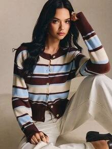 Poéselle 女款條紋針織開襟衫－長袖鈕扣開襟毛衣上衣，修身羅紋腰部設計，秋冬外出穿搭棕色上衣 - 咖啡棕 - 查看 2