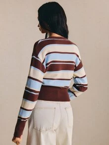 Poéselle 女款條紋針織開襟衫－長袖鈕扣開襟毛衣上衣，修身羅紋腰部設計，秋冬外出穿搭棕色上衣 - 咖啡棕 - 查看 6