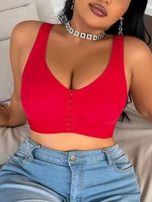 1 pieza Bralette de talla grande de unicolor, sin mangas, de cierre frontal simple - Rojo - Ver 3