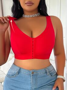 1 pieza Bralette de talla grande de unicolor, sin mangas, de cierre frontal simple - Rojo - Ver 5