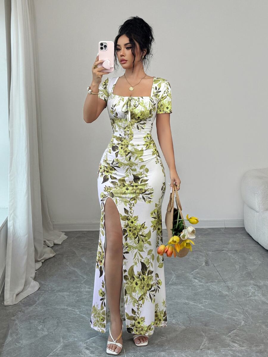 Rafferiza 女款夏季短袖長洋裝 數位印花度假洋裝 海灘度假洋裝 裙襬開衩腰部抽褶長洋裝