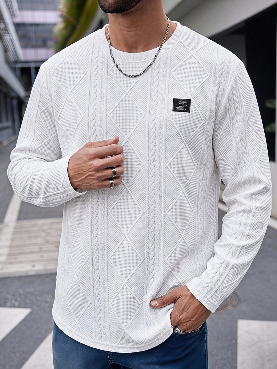Athstrex Men's Plus Size Loose Knit Wheat Ear Argyle Long Sleeve Crew Neck T-Shirt - White - View 1