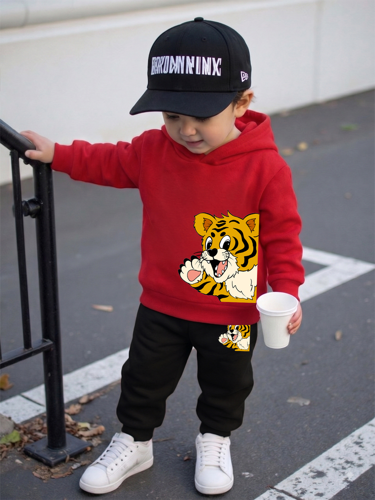 SHEIN Baby Boys Clothes Cartoon Tiger Print Long Sleeve Hoodie And Jogger Pants Set Fall Winter Sports Sweatpants Tracksuit 2Pcs Outfit Red - Multicolor - View 1