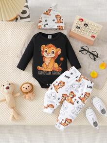 SHEIN Baby Boys' Fashionable Casual Round Neck Animal Print Long Sleeve Bodysuit With Printed Long Pants And Simple Hat, Spring And Autumn - Black - View 1