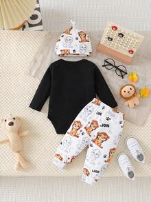 SHEIN Baby Boys' Fashionable Casual Round Neck Animal Print Long Sleeve Bodysuit With Printed Long Pants And Simple Hat, Spring And Autumn - Black - View 2