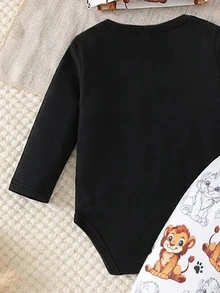 SHEIN Baby Boys' Fashionable Casual Round Neck Animal Print Long Sleeve Bodysuit With Printed Long Pants And Simple Hat, Spring And Autumn - Black - View 4