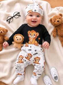 SHEIN Baby Boys' Fashionable Casual Round Neck Animal Print Long Sleeve Bodysuit With Printed Long Pants And Simple Hat, Spring And Autumn - Black - View 3