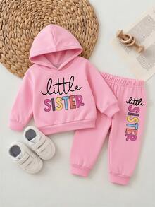 SHEIN Playful Pals 2件套女婴时尚简约彩色字母印花连帽羊毛衫和字母印花羊毛裤套装，适合秋冬季外出，小妹妹装 - 粉色 - 查看 3