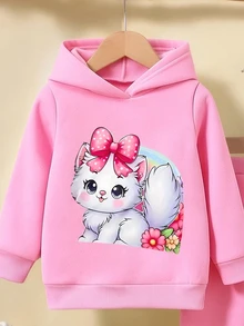 年轻女孩猫咪印花连帽衫和裤子套装 - 粉色 - 查看 6