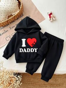 女嬰衣物 Daddy 心形字母印花長袖連帽衛衣與慢跑褲套裝 秋冬標語運動服 2件套 黑色 - 黑色 - 查看 3