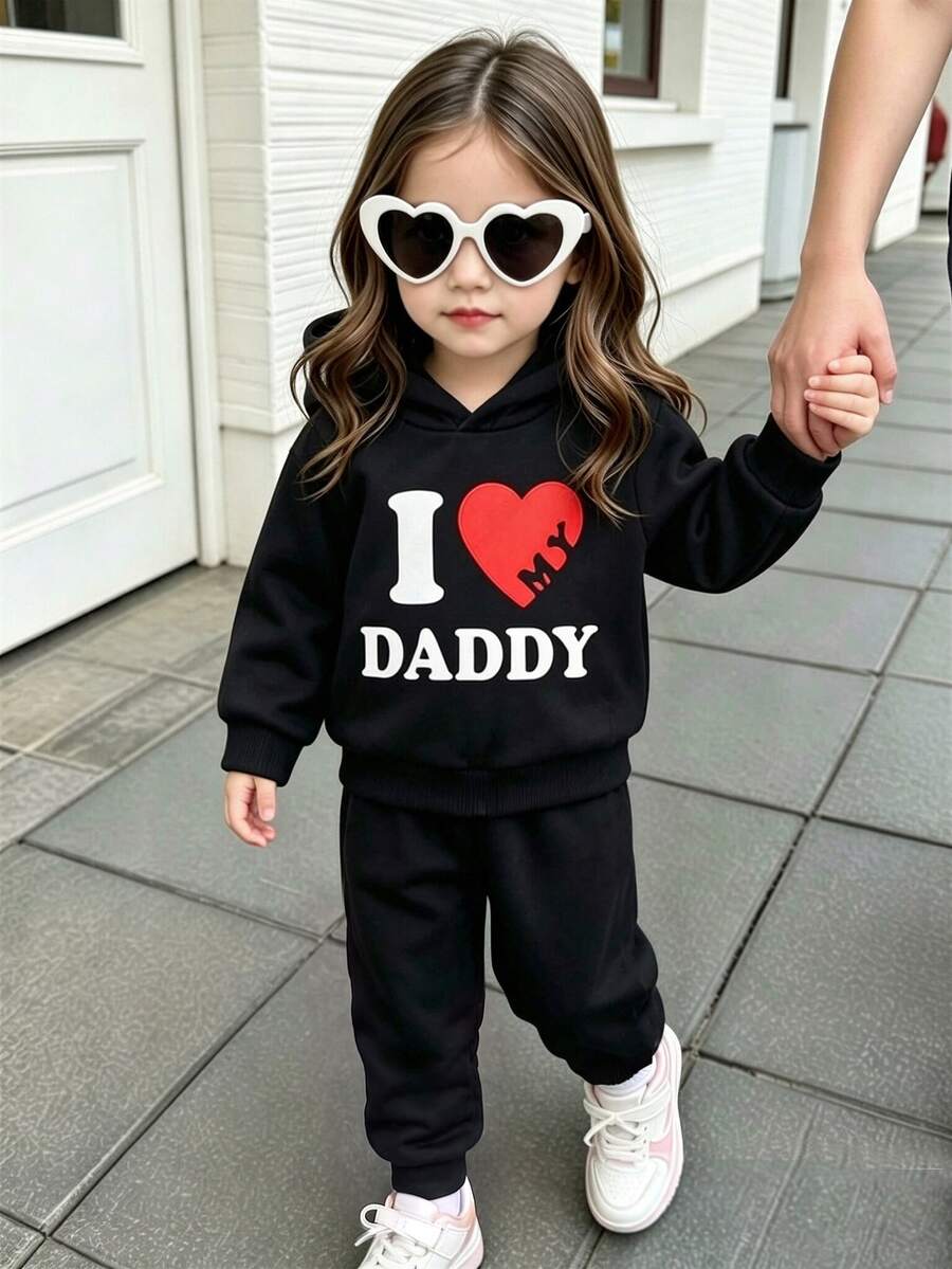 女嬰衣物 Daddy 心形字母印花長袖連帽衛衣與慢跑褲套裝 秋冬標語運動服 2件套 黑色 - 黑色 - 查看 1