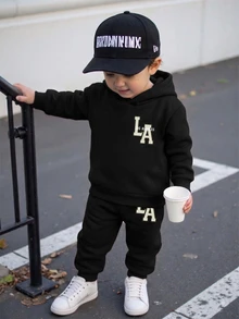 Baby Boy Funny Letter Print Fleece Hoodies Sweatshirt And Pants Set, Casual Modest Fashion Outfit For Autumn And Winter Back-To-School Birthday Black - Black - View 1