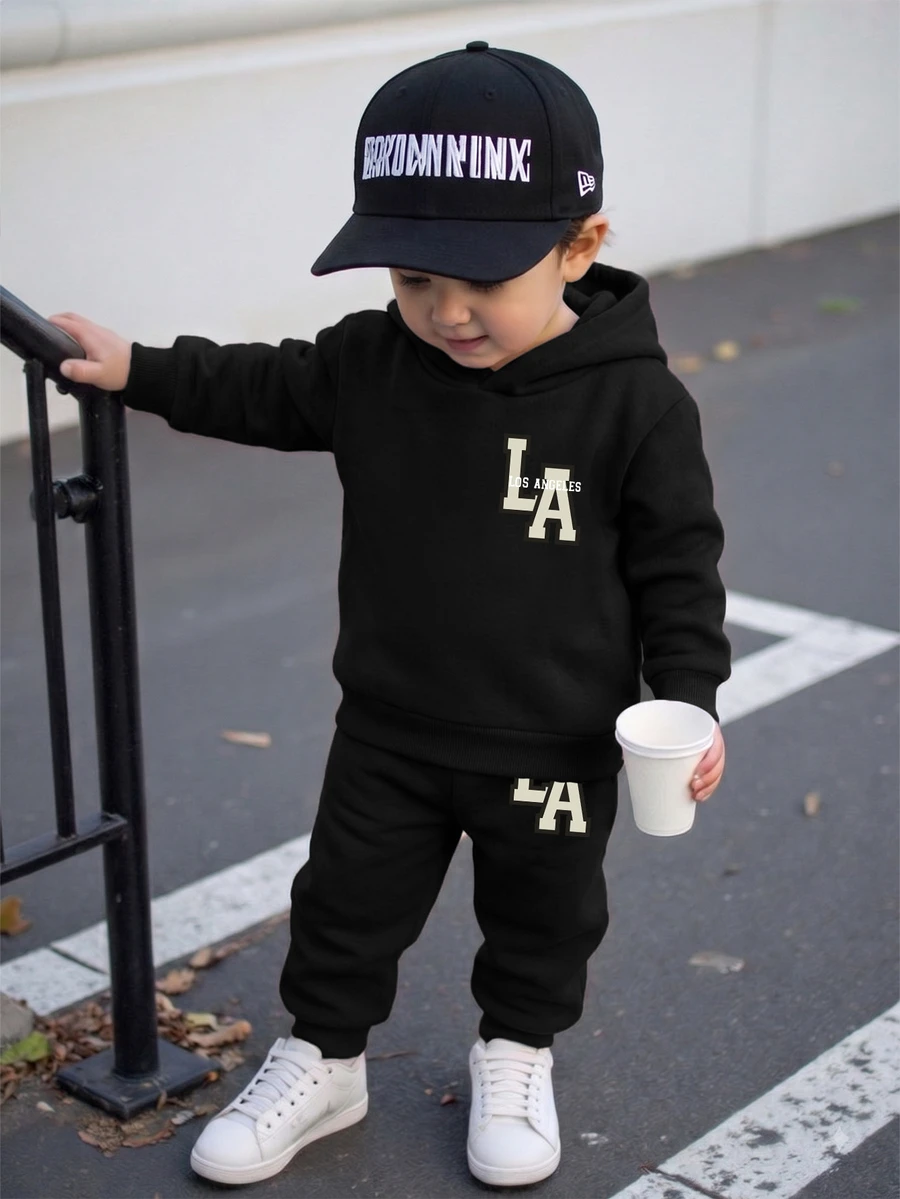 Baby Boy Funny Letter Print Fleece Hoodies Sweatshirt And Pants Set, Casual Modest Fashion Outfit For Autumn And Winter Back-To-School Birthday Black - Black - View 1