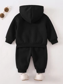 Baby Boy Funny Letter Print Fleece Hoodies Sweatshirt And Pants Set, Casual Modest Fashion Outfit For Autumn And Winter Back-To-School Birthday Black - Black - View 2