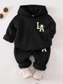 Baby Boy Funny Letter Print Fleece Hoodies Sweatshirt And Pants Set, Casual Modest Fashion Outfit For Autumn And Winter Back-To-School Birthday Black - Black - View 3
