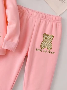 Young Girls Clothes Monogram Bear Letter Print Crewneck Sweatshirt And Jogger Pants Set Autumn Tracksuit 2Pcs Outfit Brown Nursery Birthday - Pink - View 4