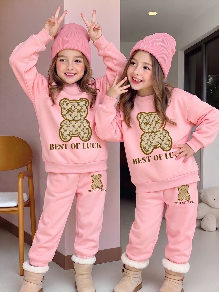Young Girls Clothes Monogram Bear Letter Print Crewneck Sweatshirt And Jogger Pants Set Autumn Tracksuit 2Pcs Outfit Brown Nursery Birthday - Pink - View 1