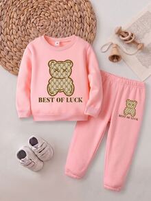Young Girls Clothes Monogram Bear Letter Print Crewneck Sweatshirt And Jogger Pants Set Autumn Tracksuit 2Pcs Outfit Brown Nursery Birthday - Pink - View 3