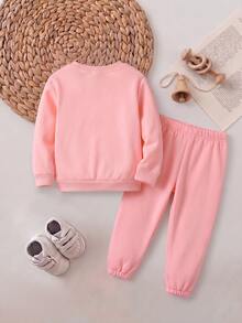 Young Girls Clothes Monogram Bear Letter Print Crewneck Sweatshirt And Jogger Pants Set Autumn Tracksuit 2Pcs Outfit Brown Nursery Birthday - Pink - View 2