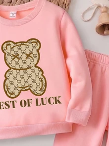 Young Girls Clothes Monogram Bear Letter Print Crewneck Sweatshirt And Jogger Pants Set Autumn Tracksuit 2Pcs Outfit Brown Nursery Birthday - Pink - View 5