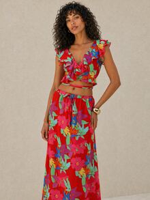 Dancing Leopard Tropical Print Cropped Wrap Ruffle Co-Ord, Holiday/Vacation Wear - Multicolor - View 1