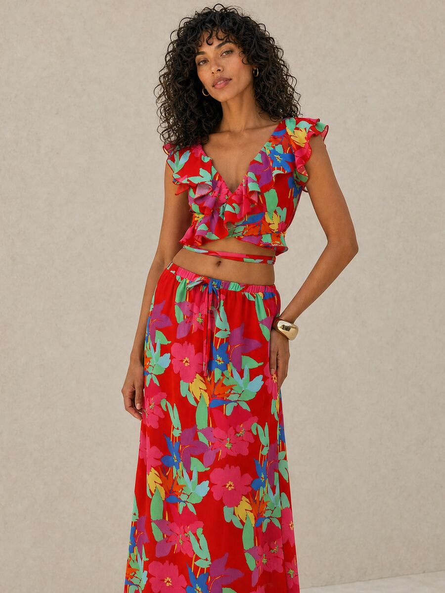 Dancing Leopard Tropical Print Cropped Wrap Ruffle Co-Ord, Holiday/Vacation Wear - Multicolor - View 1