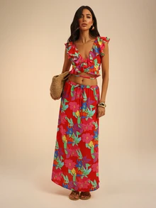 Dancing Leopard Holiday Co-Ord Set For Women, Tropical Print Ruffle Wrap Crop Top Flare Skirt, Summer Vacation Outfit, Holiday Outfit, Wedding Guest Outfit - Multicolor - View 6