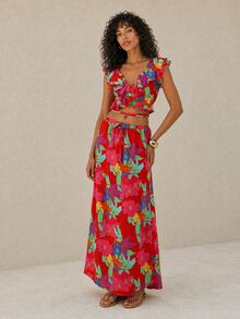 Dancing Leopard Holiday Co-Ord Set For Women, Tropical Print Ruffle Wrap Crop Top Flare Skirt, Summer Vacation Outfit, Holiday Outfit, Wedding Guest Outfit - Multicolor - View 2