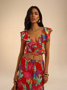 Dancing Leopard Holiday Co-Ord Set For Women, Tropical Print Ruffle Wrap Crop Top Flare Skirt, Summer Vacation Outfit, Holiday Outfit, Wedding Guest Outfit - Multicolor - View 5