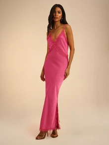 Dancing Leopard Pink Satin Lace V-Neck Dress, Wedding Guest Occasion Wear - Pink - View 1