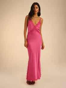 Dancing Leopard Pink Satin Lace V-Neck Dress, Wedding Guest Occasion Wear - Pink - View 3