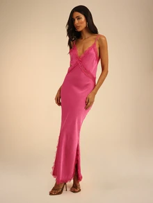 Dancing Leopard Pink Satin Lace V-Neck Dress, Wedding Guest Occasion Wear - Pink - View 4