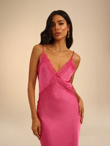Dancing Leopard Pink Satin Lace V-Neck Dress, Wedding Guest Occasion Wear - Pink - View 5