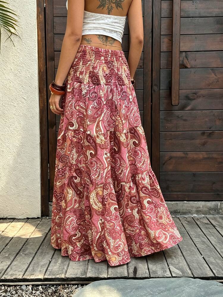 Sunnyshic Women's Spring/Summer Vacation Casual Bohemian Floral Print Shirred Long Skirt - Pink - View 2