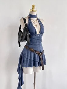 Elamini 性感辣妹復古掛脖V領純色抓皺腰部荷葉邊女款洋裝 - 霧霾藍 - 查看 4